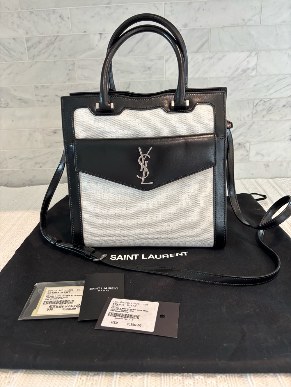 Saint Laurent Uptown Ivory Linen/Black Leather Mini Handbag NWT